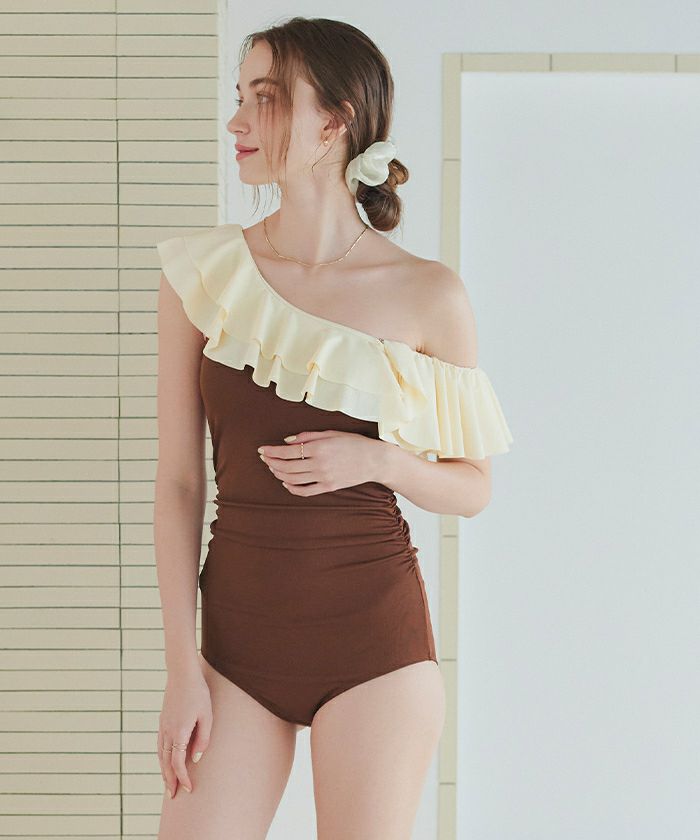 アシンメトリーショルダーフリルワンピース/水着 | SEA DRESS